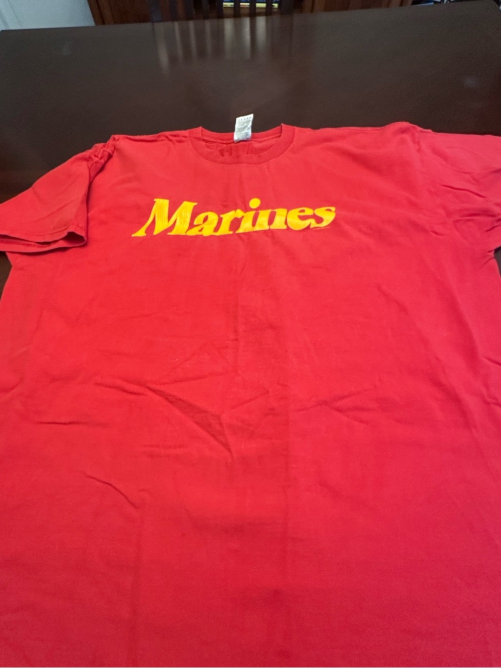 Vintage Marines Graphic T-Shirt Red Yellow Logo Fruit of the Loom Heavy Cotton
